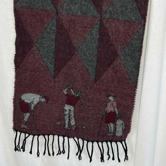 VINTAGE Modena Made in Italy Retro Golf Theme Scarf Fringe Ends Green Burgundy - Picture 2 of 4